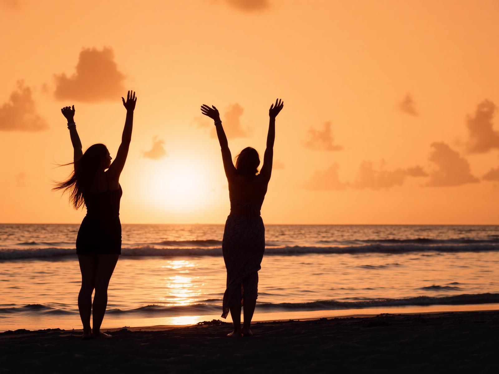 Women silhouetted at sunset on a Yucatán beach